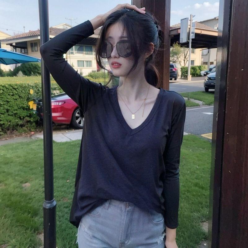 Dongdaemun Solid Color and V-neck Long Sleeves T-Shirt Women's Slub Cotton Easiest for Match Bottoming Shirt Spring Leisure Inner Wear Blouse Tide