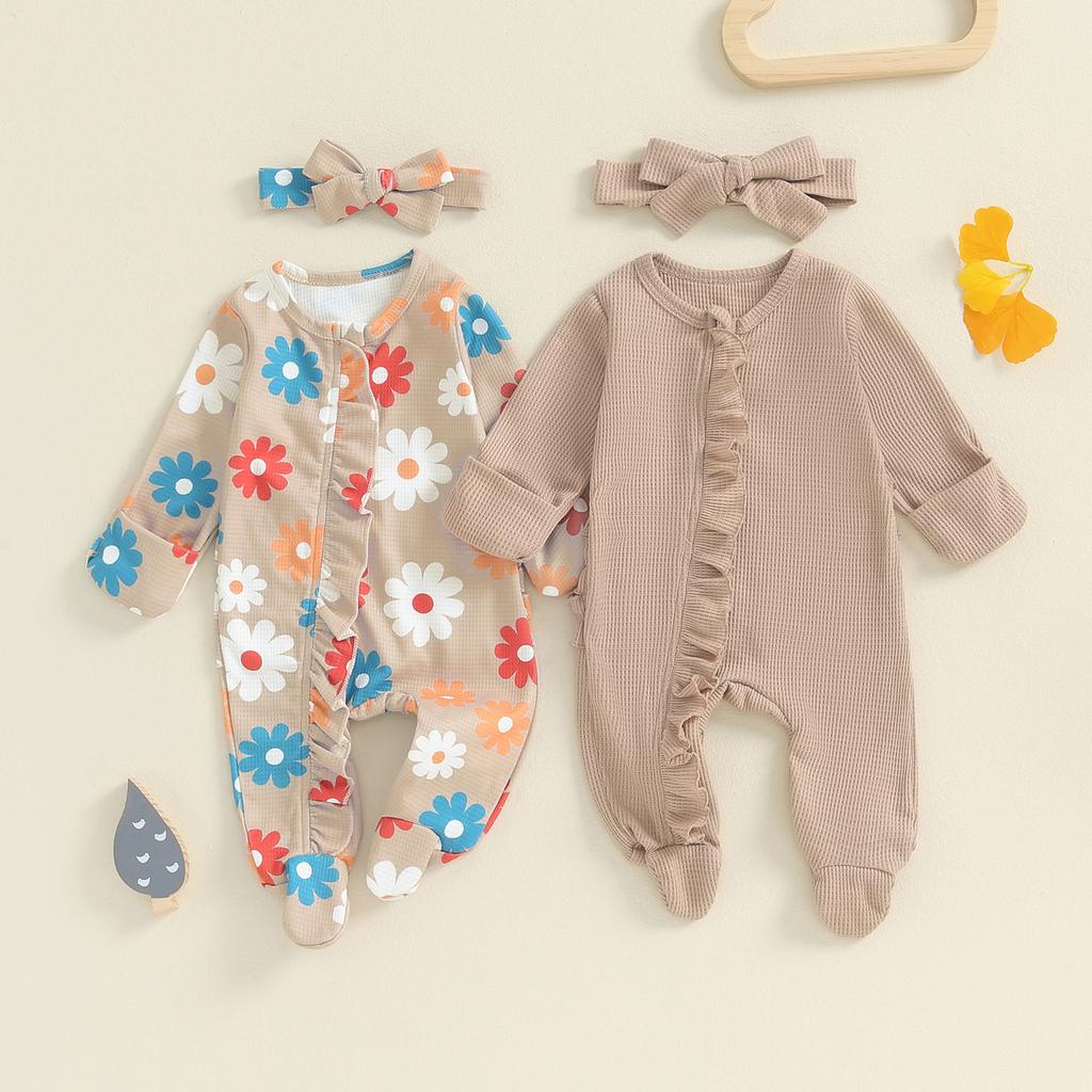 Citgeett Autumn Infant Baby Girls Outfit Long Sleeve Solid Flower Footies Jumpsuit Headband Fall Clothes