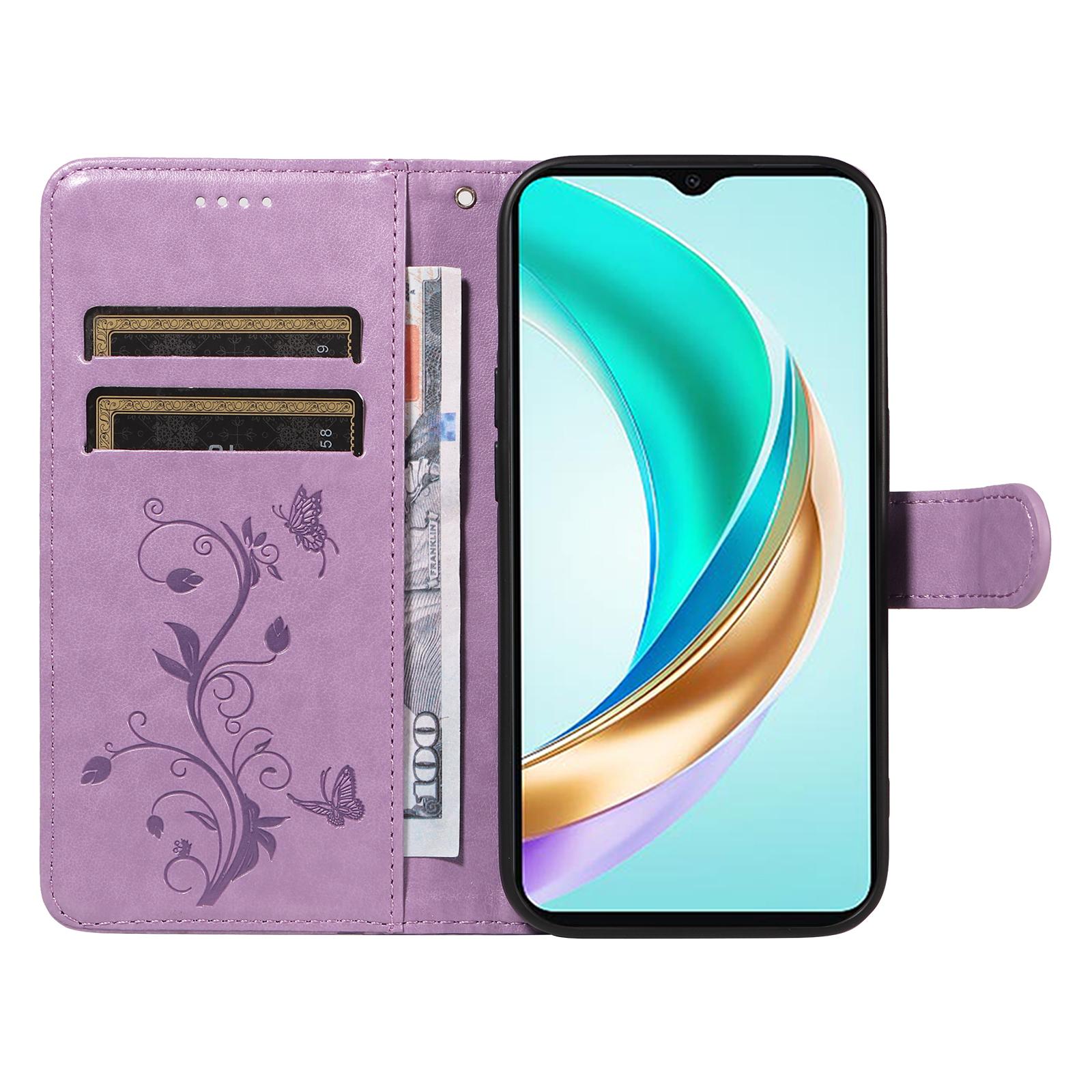 

For Honor X6b 4G PU Leather Cases Flower Pattern Wallet Stand Phone Cover with Strap Red