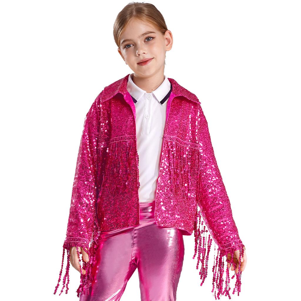 Mädchen Party Jacke Glitzernde Pailletten Quasten Detail Langarm Offen Vorne Bühnenkostüm Mantel