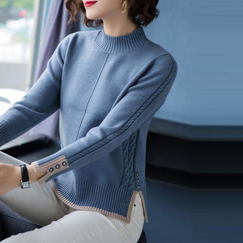 Damen Pullover mit Stehkragen, Knöpfen, Strick, Patchwork, Koreanischer Stil, Herbst, Lässig, Locker, Arbeitsweg Oberteile