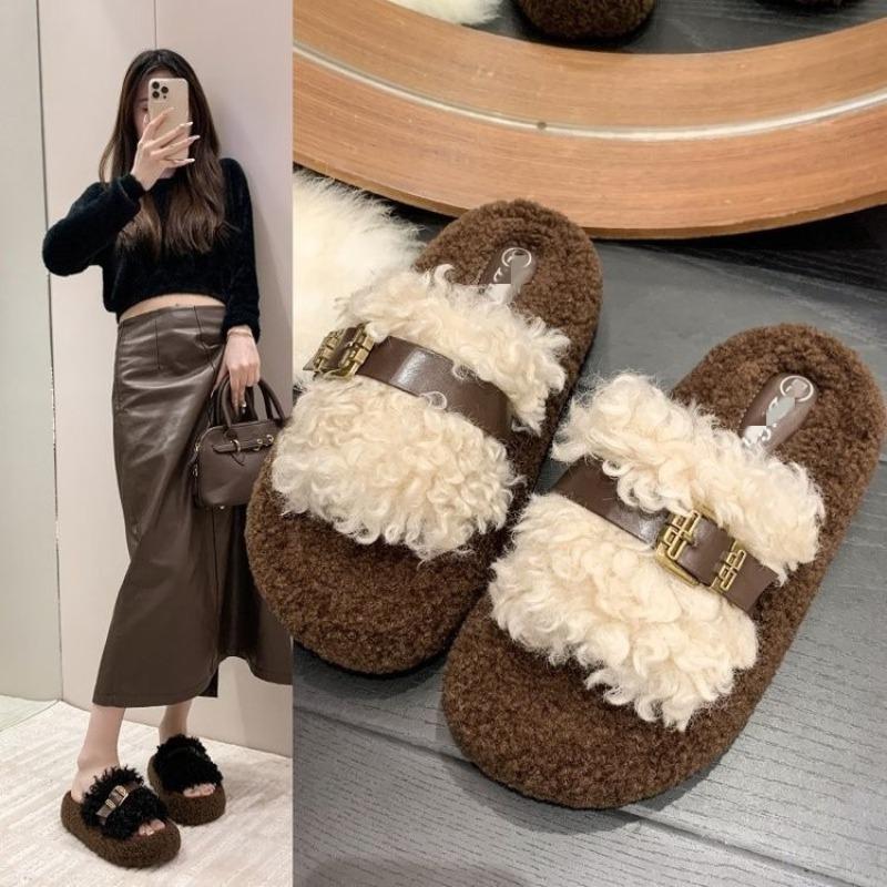 Thick-soled outer slippers women's new autumn and winter fluffy belt buckle fashion home cotton slippers