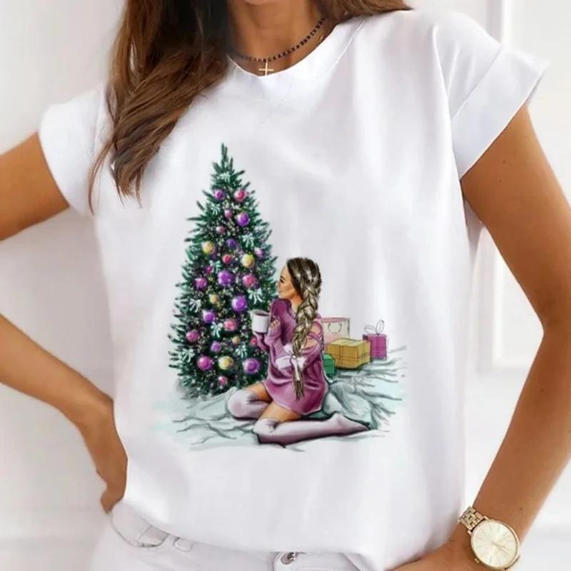 Festival Christmas Printed Short Sleeved Casual Womens Tshirt Crewneck Tops Kawaii Fashion Women TShirt Clothes Harajuku