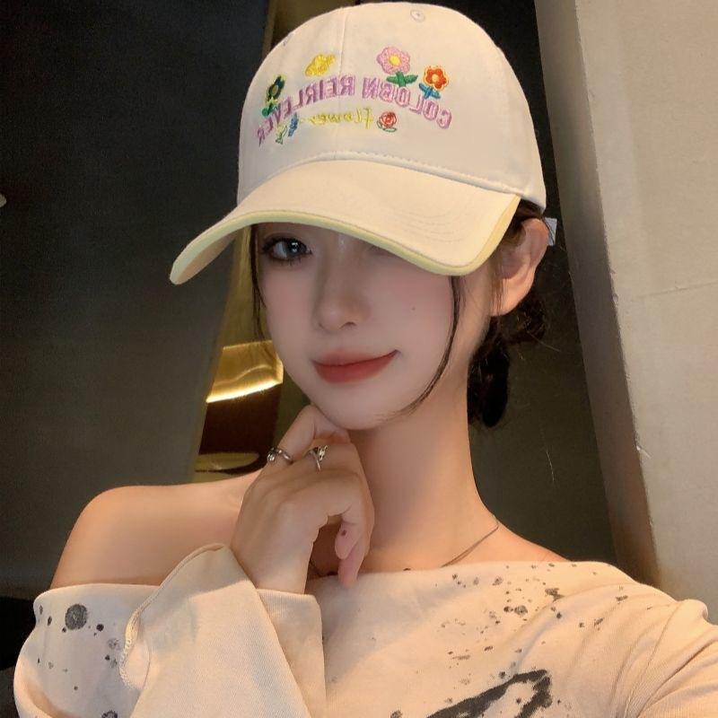 New Flower Yellow Letter Embroidered Baseball Cap Female Sweet Versatile Soft Top Big Head Circumference Showing Face Ducktongue