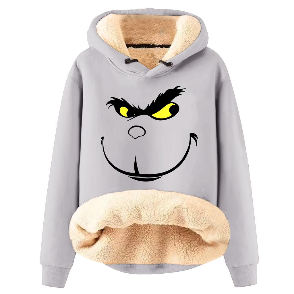 Damska modna bluza z kapturem, ocieplana, gruba, ciepła, z nadrukiem świątecznym, luźna, z kapturem