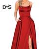 Evening Dress Spaghetti Strap High Slit Off Shoulder Backless Sleeveless Side Pockets A-line Floor Length Satin Pure Color Prom Banquet Party Maxi