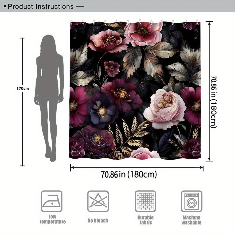 1pc Velvety Peonies & Dark Foliage Shower Curtain - Magenta, Pink, Purple, White Flowers On Black, Polyester, Stylish Bath Decor