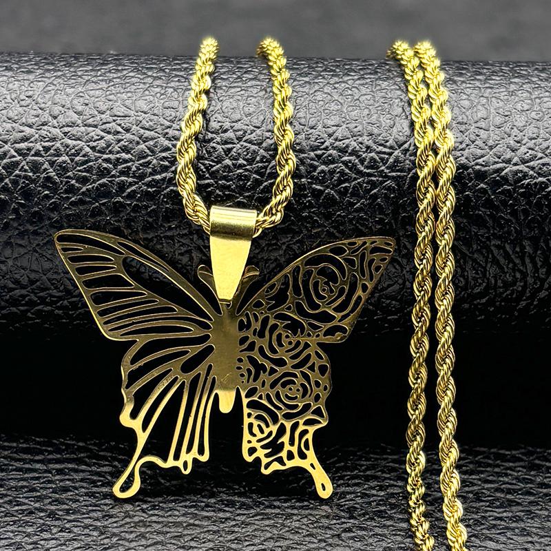 Gothic Black Butterfly Hollow Pendant Necklace for Women Men Stainless Steel Carving Flower Rose Insect Necklaces Jewelry N6121
