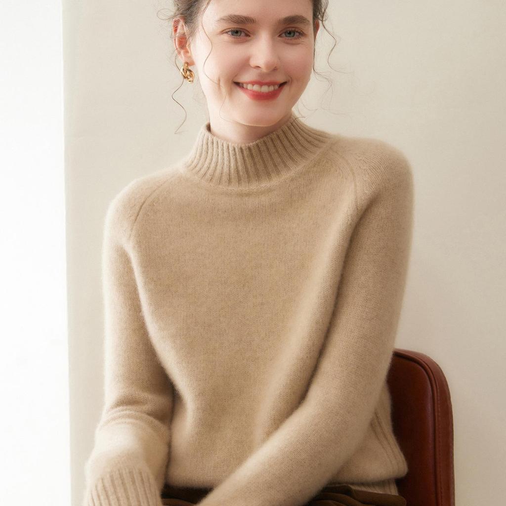 Women's Thickened Cashmere Knit Sweater: Solid Color, Loose Fit, Half-High Collar Pullover.