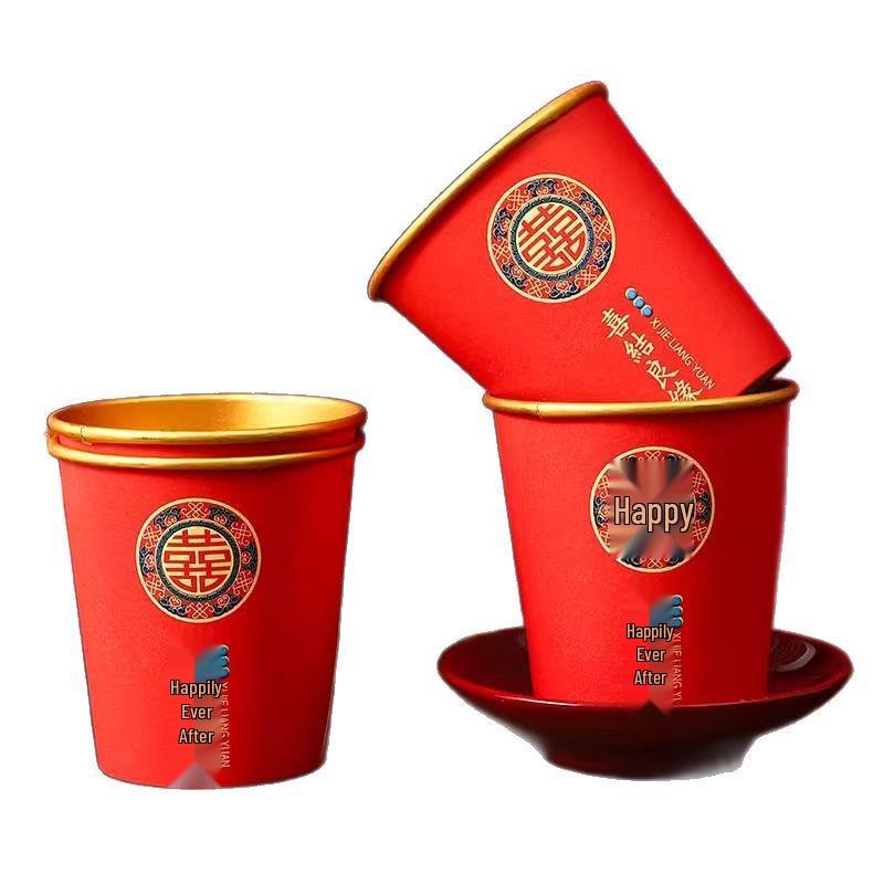 Red and Gold Foil Wedding Anniversary Disposable Cups - Thickened Engagement Tea or Water Cups
