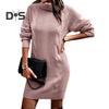 Women Autumn Winter Knitting Dress Turtleneck Long Sleeve Twist Texture Pullover Mini Dress Solid Color Thickened Warm Loose Dress