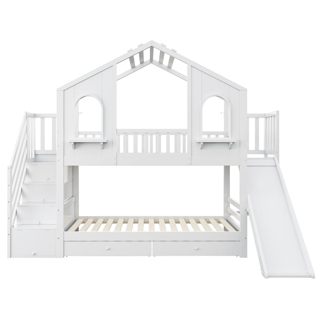 Letto a Castello per Bambini 90 x 200 cm, a Forma di Casa con Finestre Curve, con Scala a Cassetti e Scivolo, Cassetti, Letto Matrimoniale, Bianco