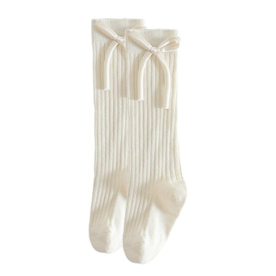 1 Pair Children Socks High School Long Tube Solid Color Stockings Princess Style Bow Decor Calf Socks Spring Autumn Wear
