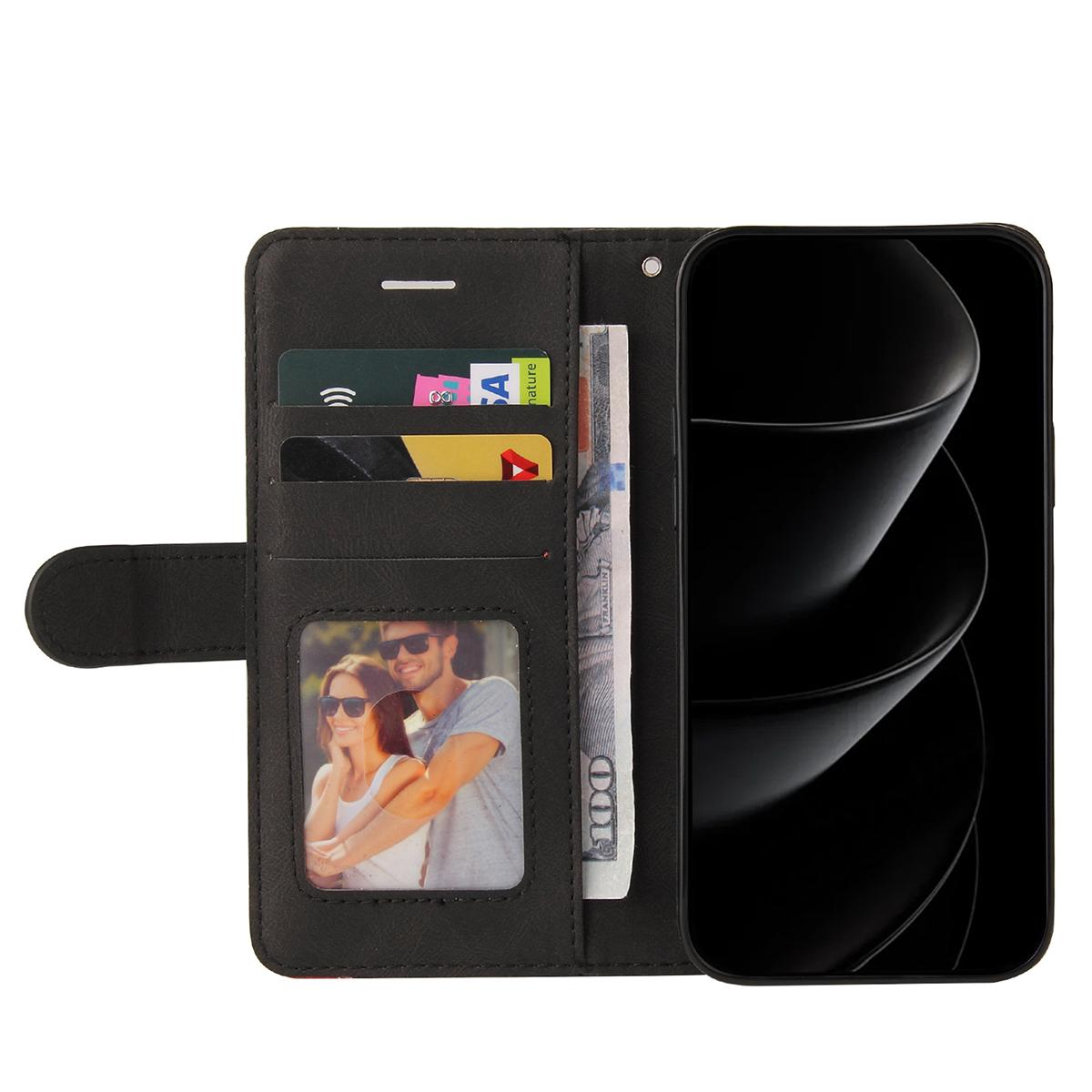 

For iPhone 17 Pro Max Leather Phone Case Stand Wallet with Bi-colour Splicing Design Black