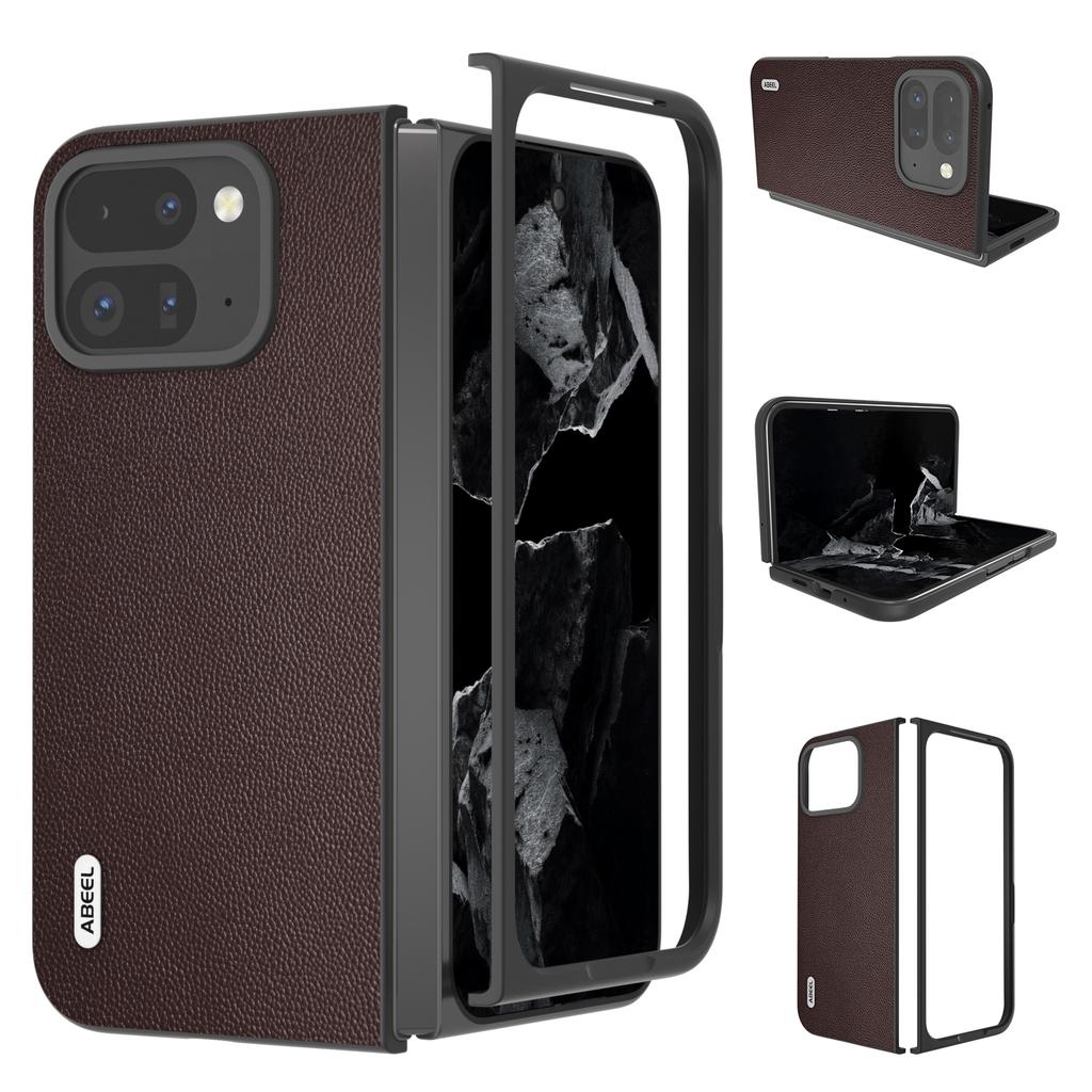 ABEEL For Google Pixel Fold 2 Case Genuine Cow Leather PC Phone Cover Black Edge