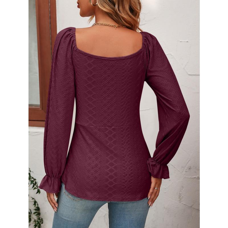 YYFS Women's Fashion Casual Spring Fall Solid Color Print Long Sleeve V-Neck Blouses & Shirts