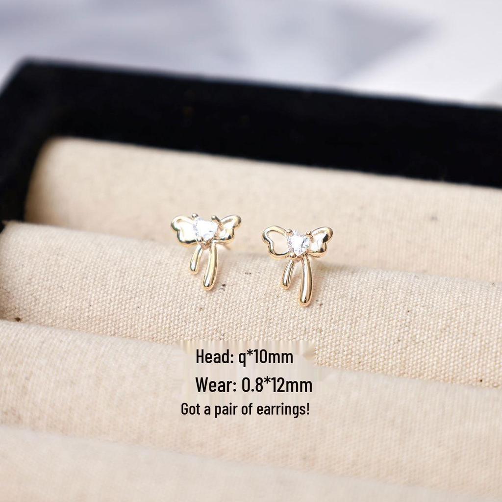 Copper-Plated Gold Bow Earrings with 925 Silver Needle and Flower Diamond Inlay for Women