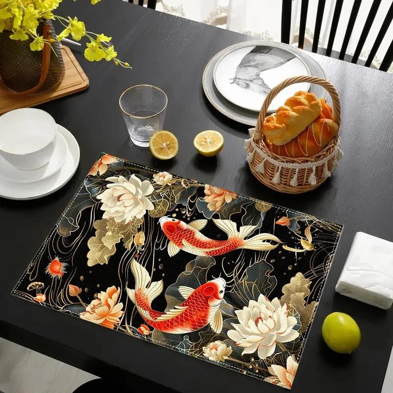 4-Piece Koi Print Linen Placemat, Washable, Universal Placemat for Home Coffee Table & Dining Table