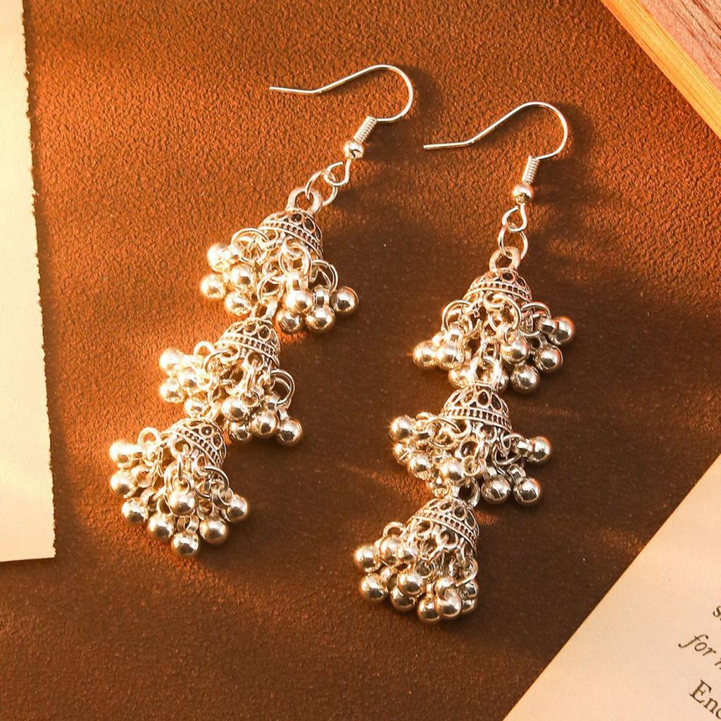 Pair Of Alloy Made Bohemian Style Dangling Earrings With Three Layer Hollow Out Bell Tassels For Versatile Outfits And Special Event