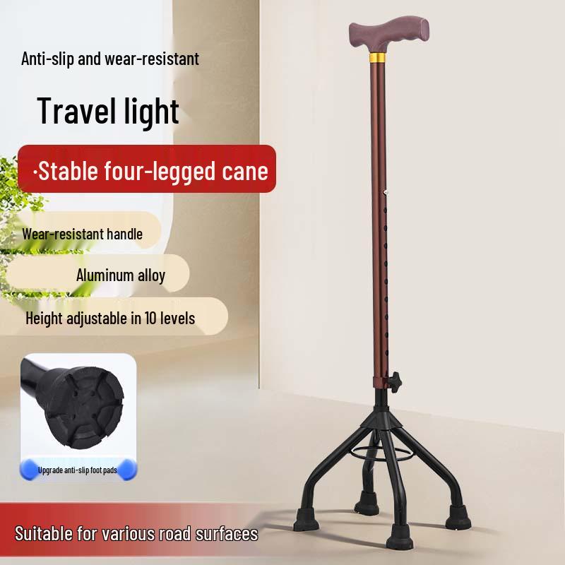 Bronze Curved Handle Aluminum Alloy Quad Cane for Seniors, Adjustable Height Non-Slip Mobility Aid