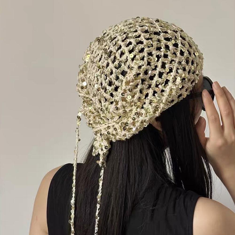 Ins Style Sequined Hollow Knitted Triangle Hair Scarf Bandana Retro Crochet Sheer Headscarf Women Summer Travel Photo Headband