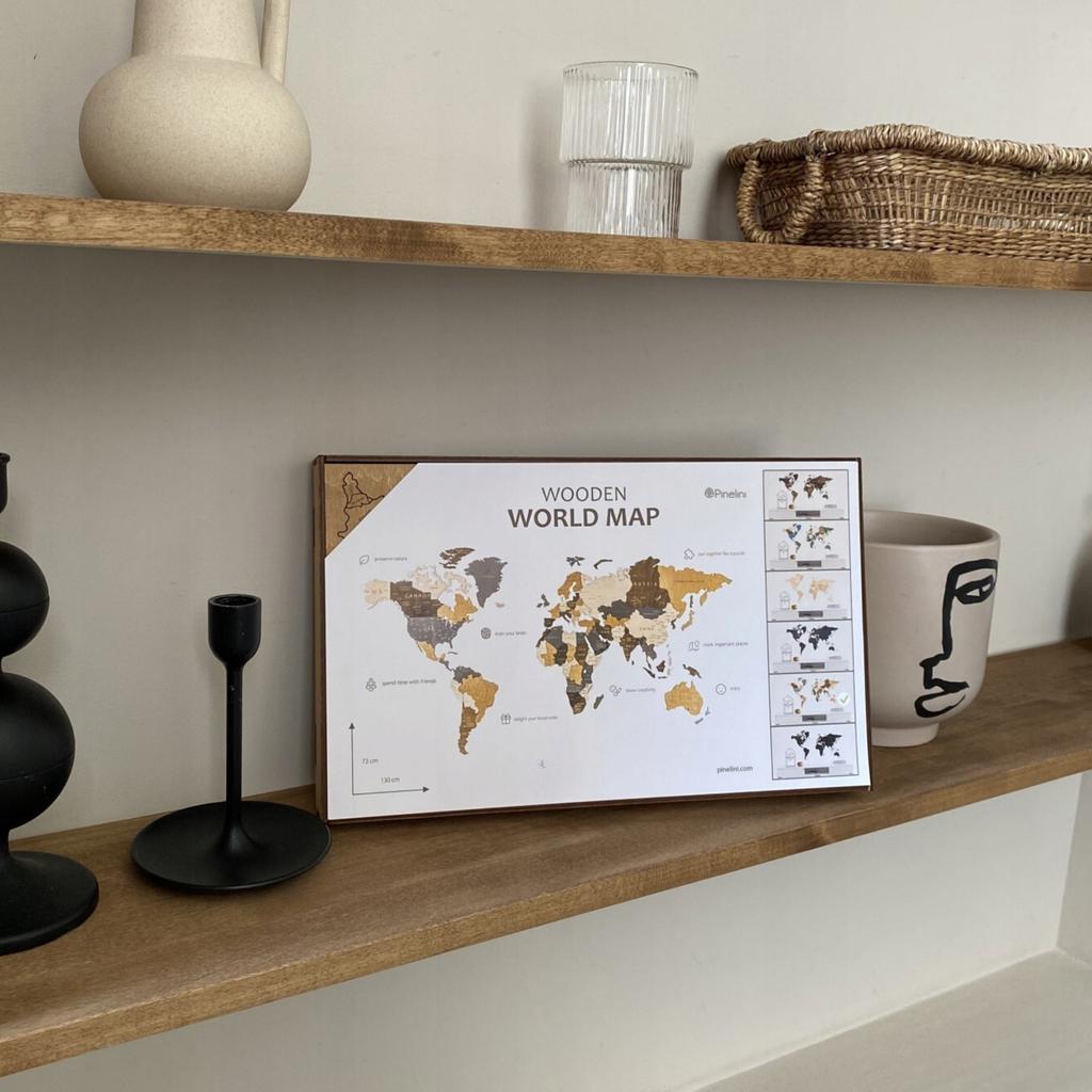 3D Holz Weltkarte Beige Braun 105x60cm Städte Wanddekoration