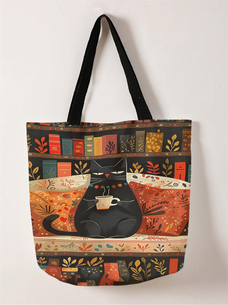 1 Stück,Kaffee-Katze Handtasche,Wiederverwendbare Handtasche,Multifunktionale Handtasche,Bedruckte Canvas Einkaufstasche
