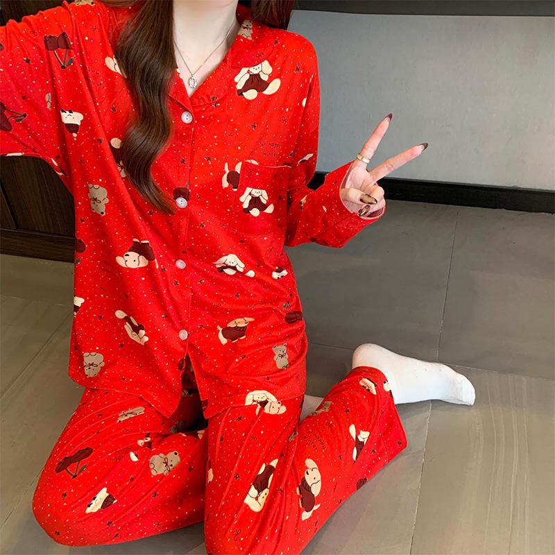 Neuer roter Cartoon-Welpen-Pyjama für Damen, Frühling, neu, Baumwollimitat, festliche Loungewear für das Geburtsjahr, langärmeliges Set