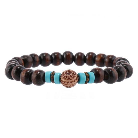 6 Pcs Braided Bracelet Set Different Shapes Wooden Bead Decor Peacock Feather Pendant Retro Ethnic Style