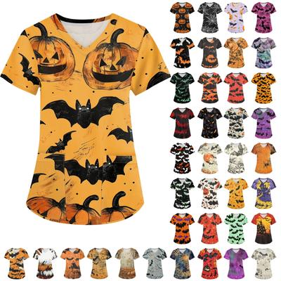 Women's Fashion V-neck Short Sleeve Workwear With Pockets Halloween Printed Tops
