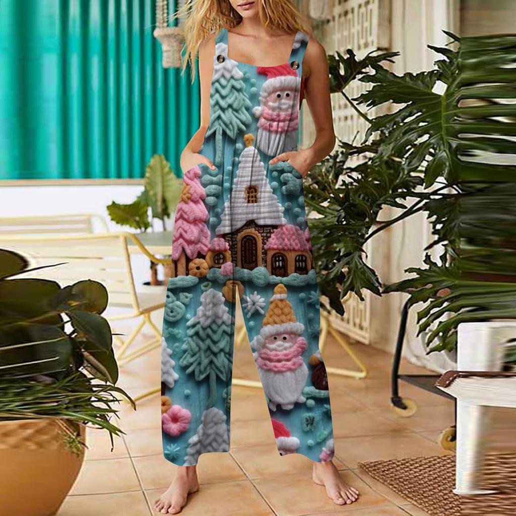 Women's Casual Jumpsuit Sleeveless Christmas Printed Cotton Jumpsuit