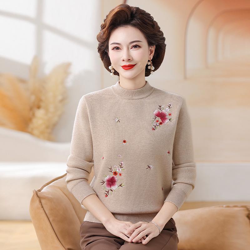 Fleece-Lined Knitted Sweater: Warm Winter Base Layer for Middle-Aged and Elderly Women