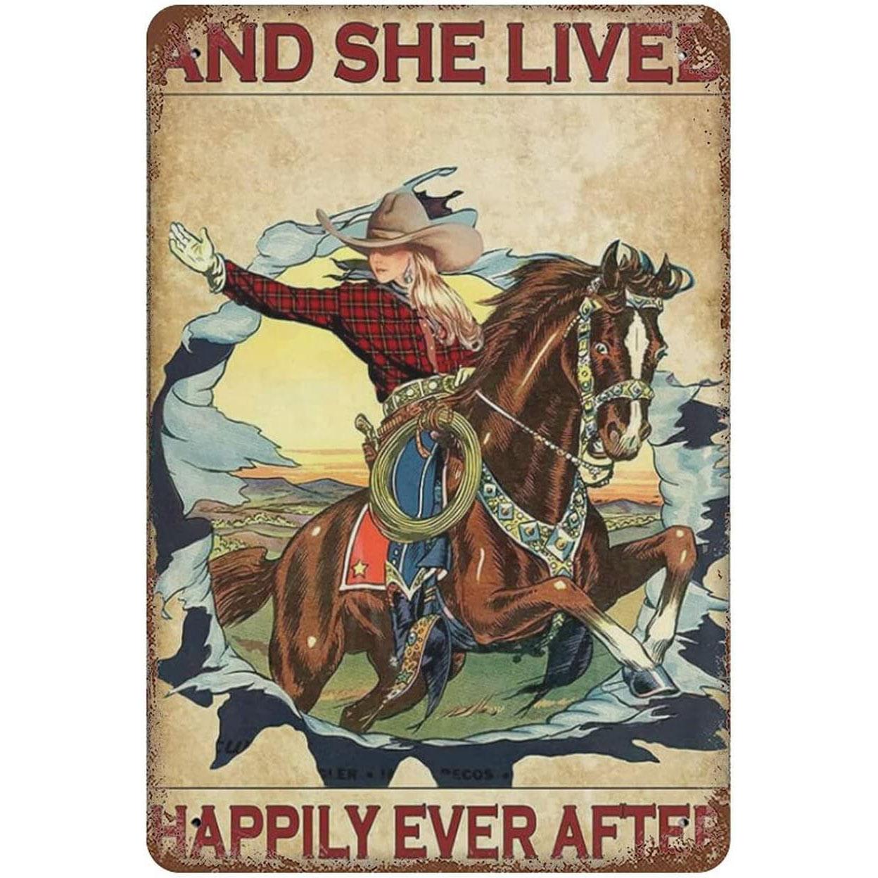 Mfoever Tin Sign HD Tin Sign Vintage Cowgirl Horse Theme Wall Decor Set Retro Western Cowboy Girl Equestrian Art Metal Tin Signs for Home Decor 20x30