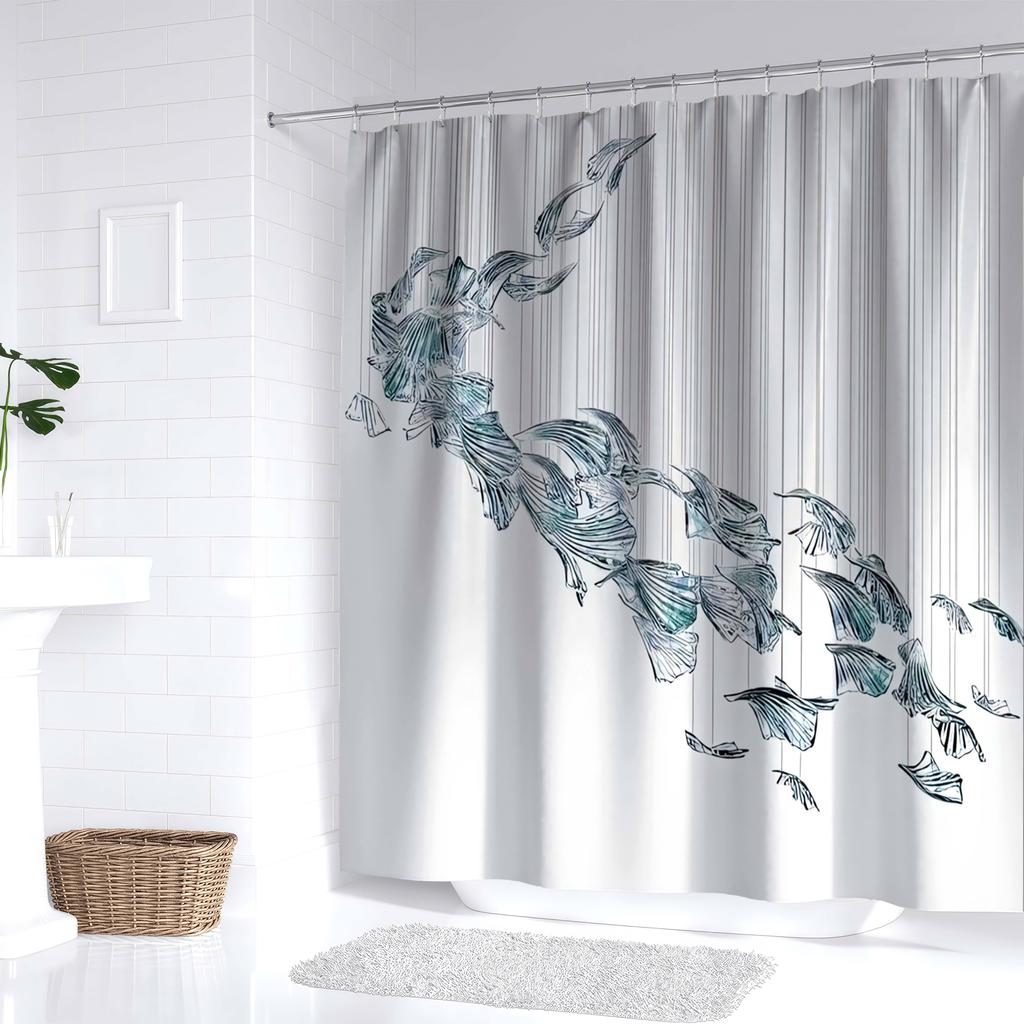 Modern Minimalist Fish Shower Curtain, Artistic Koi Design, Machine Washable, Includes Hooks, Contemporary Bathroom Decor