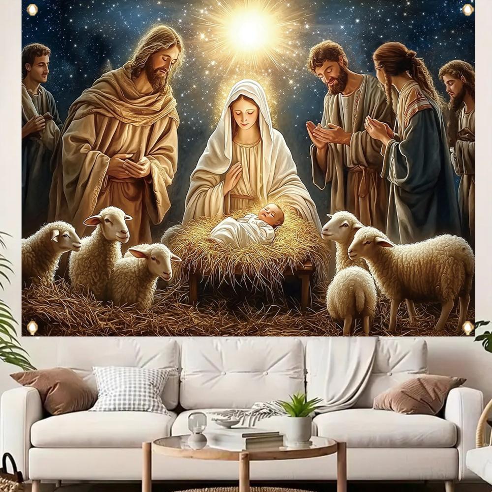 2D Flat Banner 1 Piece Christmas-themed Background Fabric Nativity Sheep Pattern Party Banner Polyester