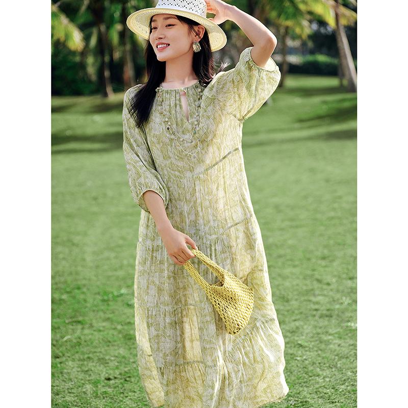 [Green Sound Skirt] Jiuzi Anna Kou Rural Style Relaxing Plant Printed Dress 2025 Summer New Style