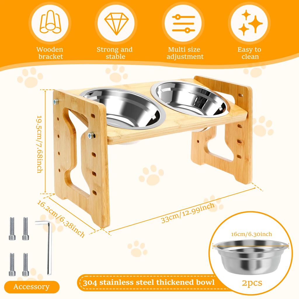 Elevated Dog Bowls Wood Tilted Adjustable Dogs Feeder Stand with Stainless Steel Food Bowls for Your Cat and Dog Pet Accessories