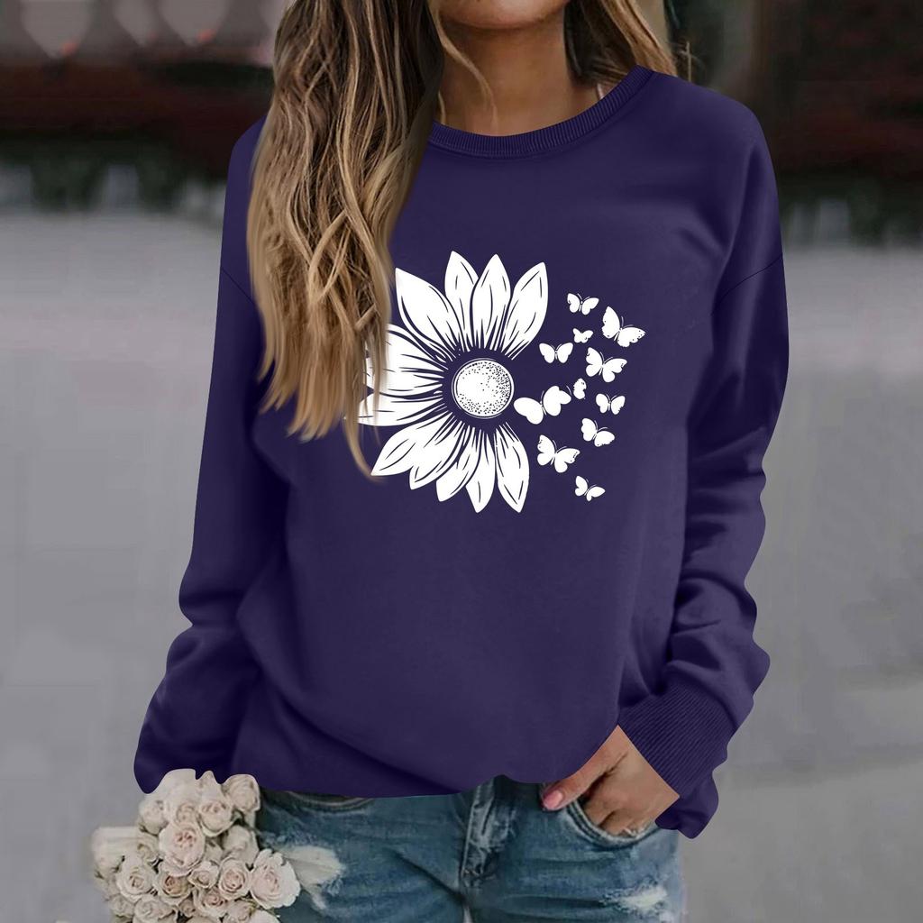 Women's Fashion Casual Long Sleeve Solid Color Printed Round Neck Top Sweatshirt