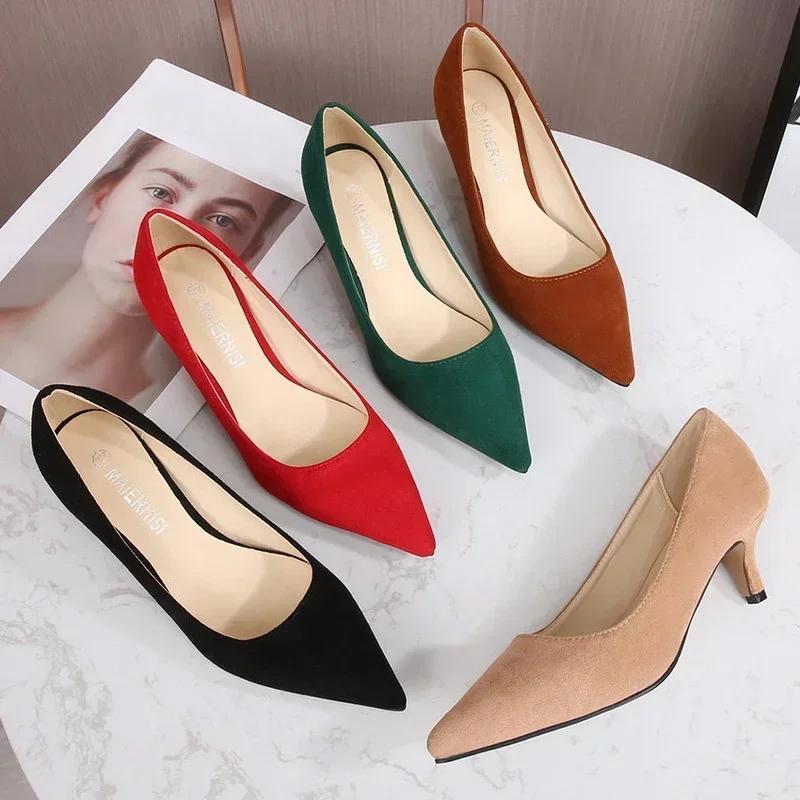 Women Sweet Flocks Thin Heel Shoes Office Work Single Shoes Nightclub Party Banquet Pub Attendant High Heels Large Size 35-46