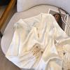 women jacquard satin blouse round neck button detail long sleeve embroidered cuffs casual loose fit top