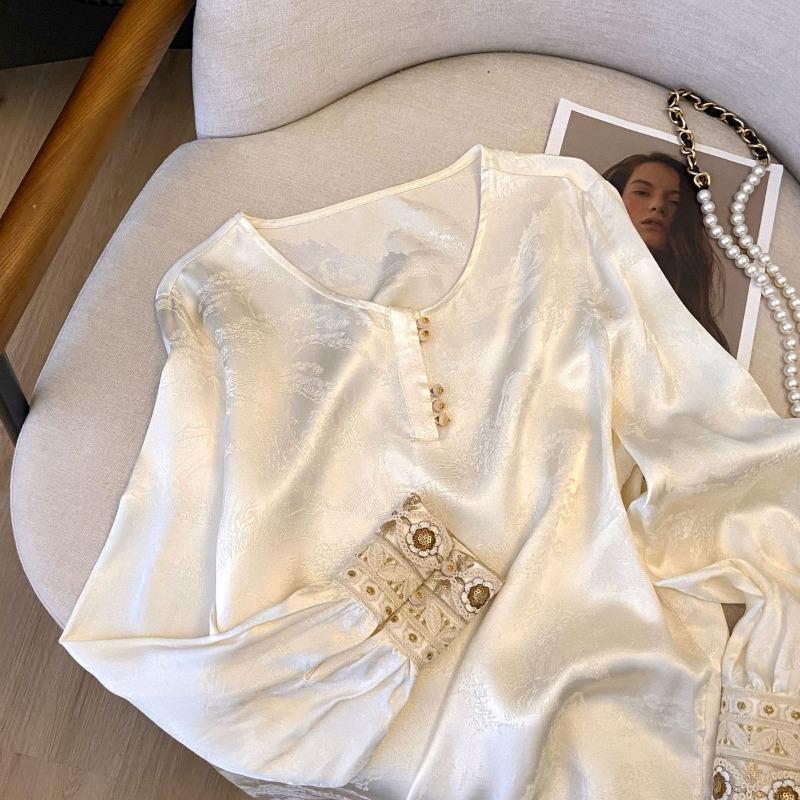 women jacquard satin blouse round neck button detail long sleeve embroidered cuffs casual loose fit top