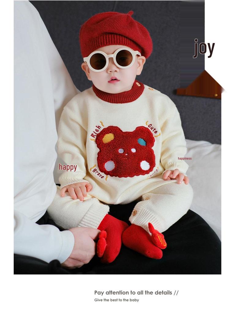 Slavnostní červená novorozenecká kombinéza - Podzimní/zimní svetrový overal