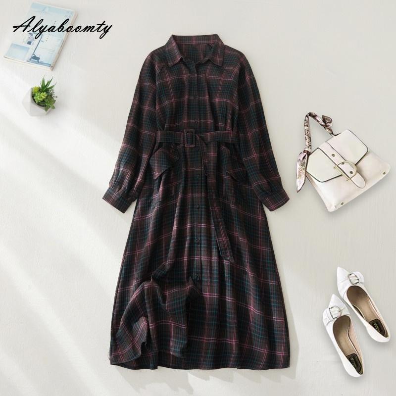 England Style Spring Autumn Women Shirt Dress Turn-Down Collar Contrast Color Plaid Casual Loose Cardigan Dress Long Sleeve Vintage Elegant Dress
