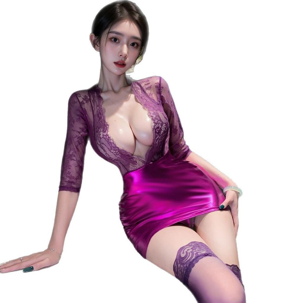 Hot Girl Transparent Sexy Uniform Women Lace Secretary Uniform Elegant Call Of The Night Purple Lace Lady Mini Dress Thong Mesh