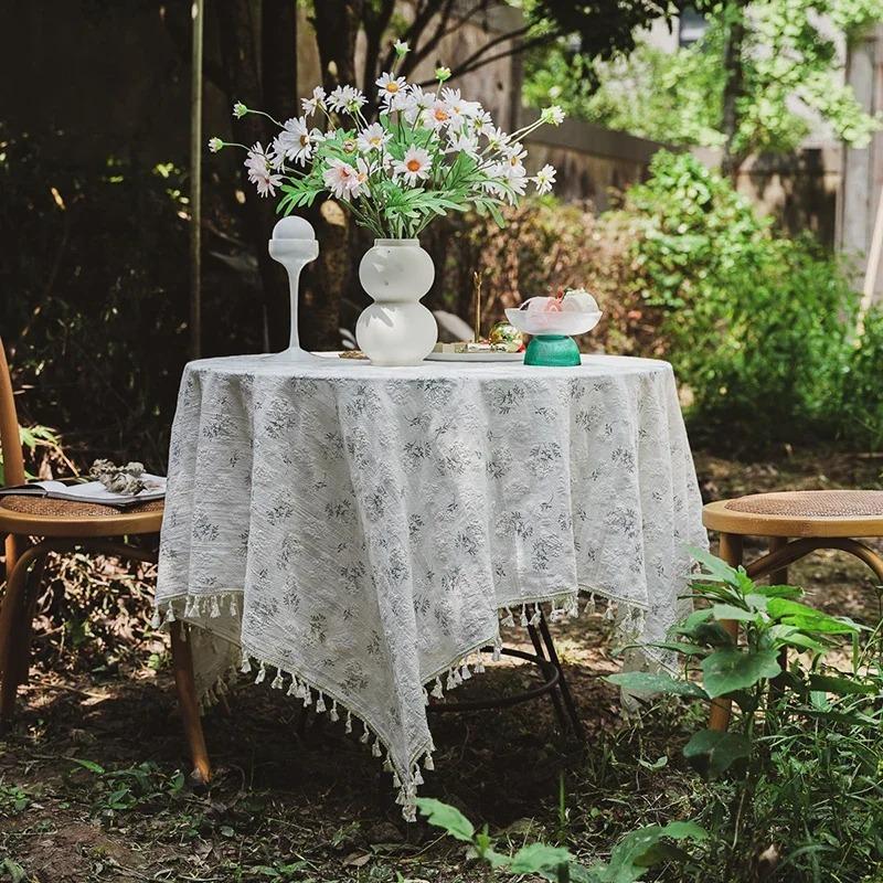1Pc Tassels Tablecloth,Round Cotton Floral Tea Table Decoration,Table Cover For Kitchen Wedding Dining Room