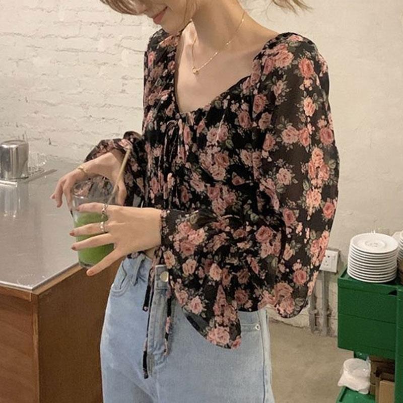 Floral Chiffon Shirt Women's Summer New Design Niche Shirt French Chic Short Top
