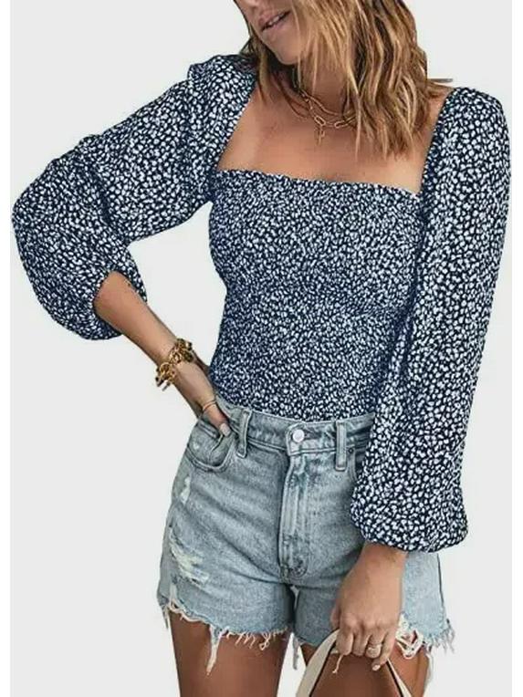 European-American Square Neck Long Sleeve Slim Fit T-Shirt: Women's New Spring Style Waist-Hugging Top