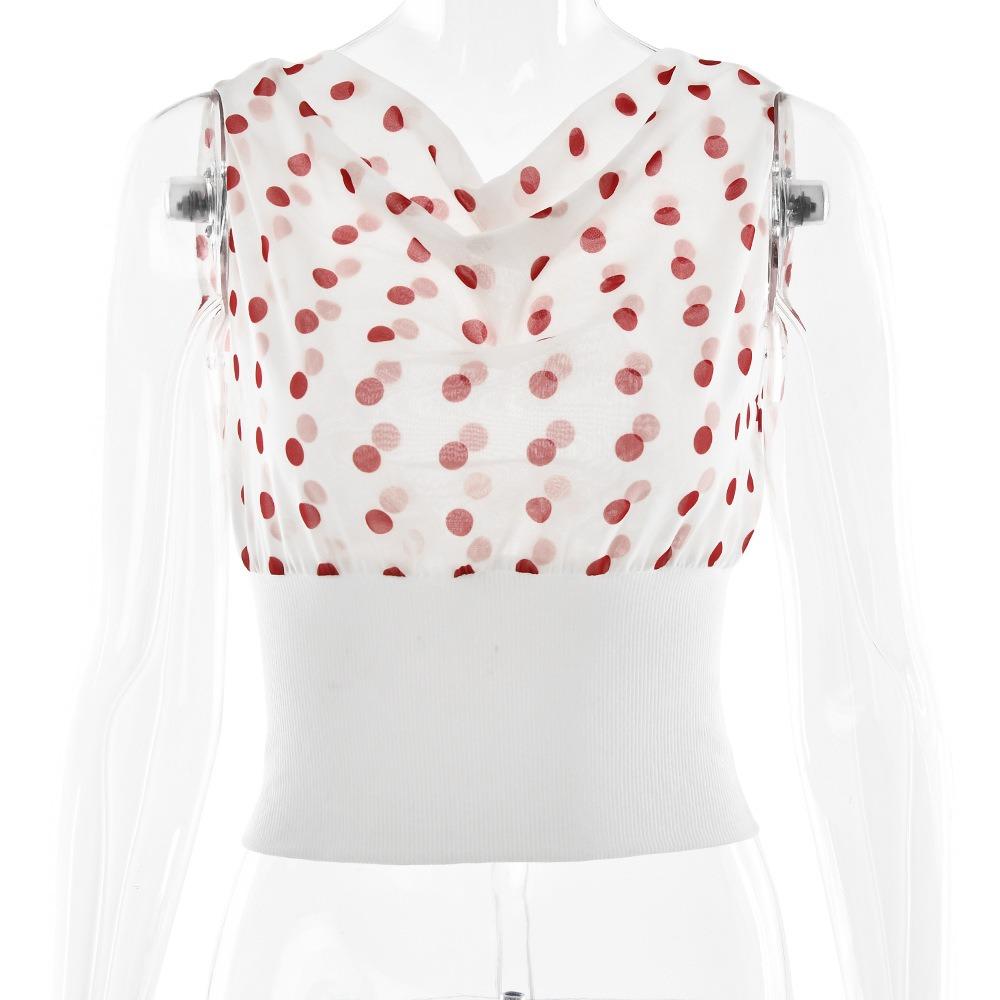 Women s One Shoulder Sleeveless Top Slim Fit Casual Polka Dot Chiffon Knit Crop Top S