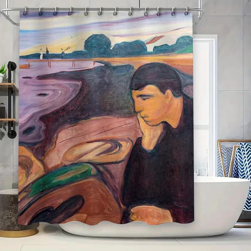 

Vivid Art Shower Curtain Set Modern Nordic Decor Featuring Abstract Landscape Painting With Blue Sky Purple Watercolor Washes Pe W60H190(CM)-1 Pcs