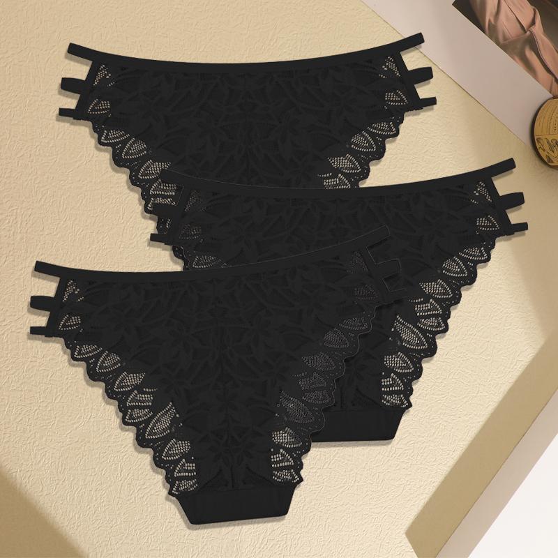 3Pcs Women's Three Belts Underwear Sexy Lace Hollow Out Panties Female Low-Waist Breathable Briefs Stretch Soft Lingerie